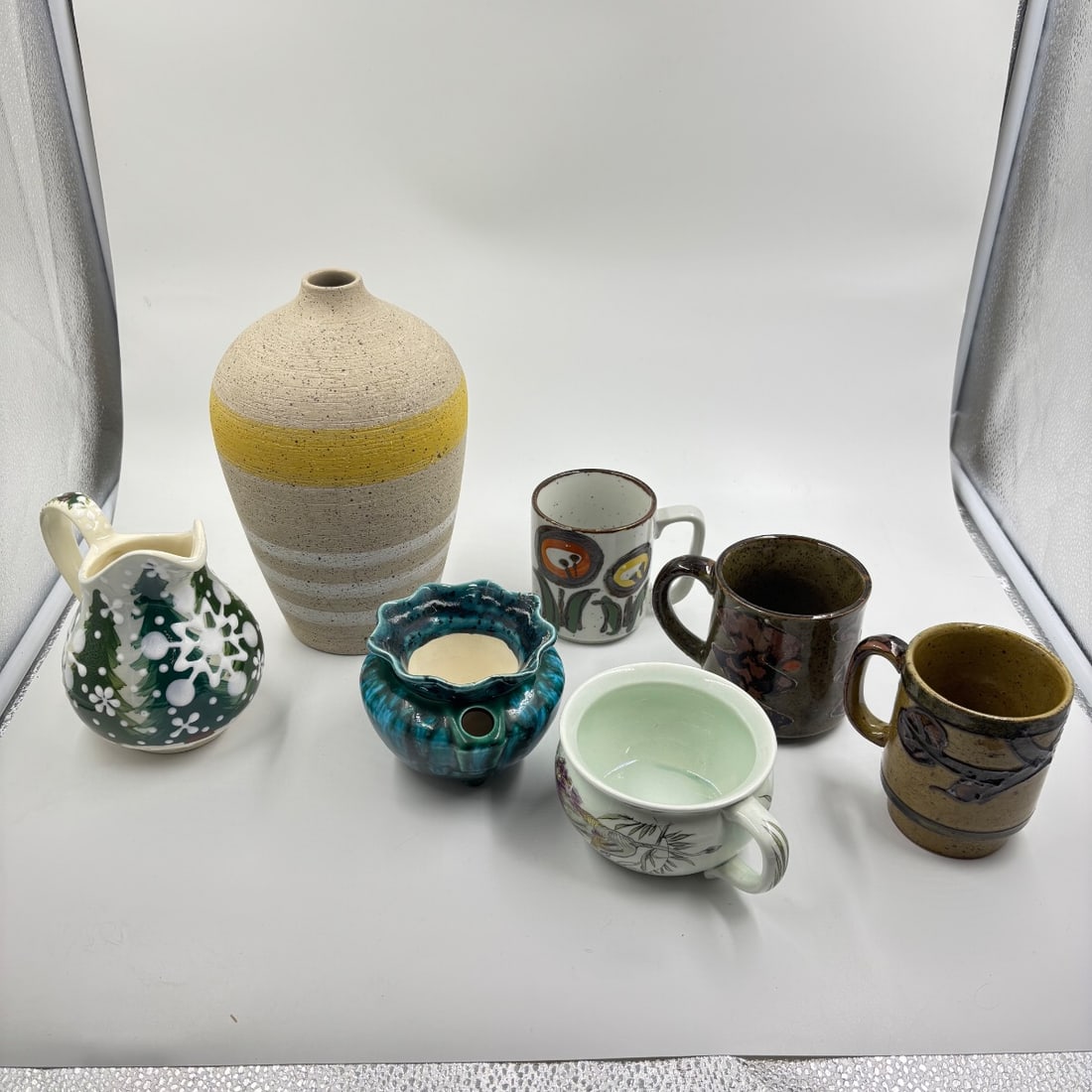 Lot of 7 Vintage Ceramic Mugs, Creamer, Bud Vase & Teal Pot - Assorted Styles (1 of 9)