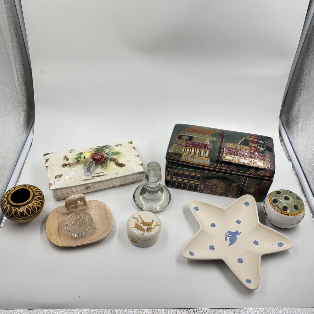 Lot of 7 Decorative Ceramic & Glass Items: Boxes, Vase, Tray, Candlestick (1 of 10)