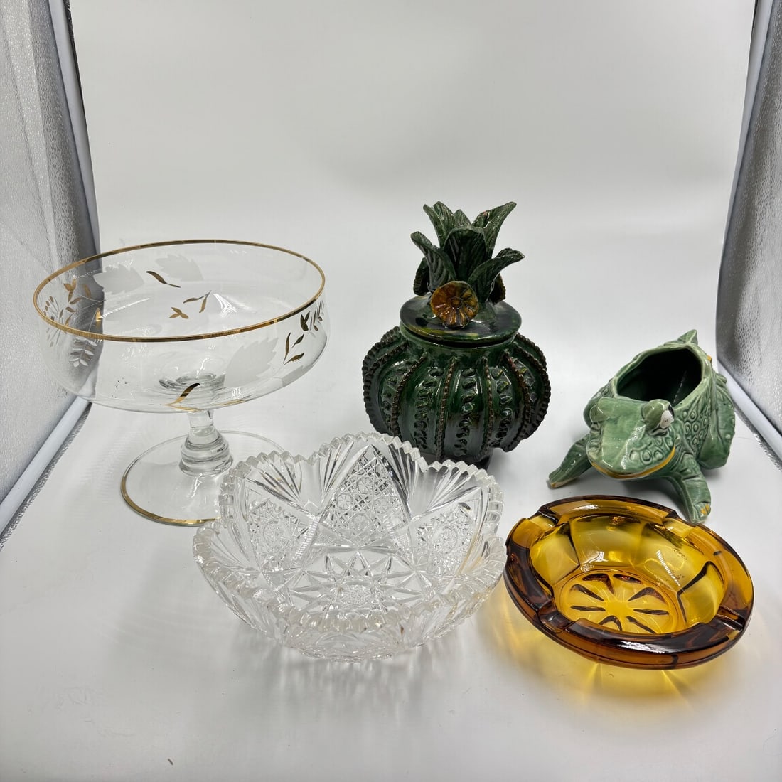 Vintage Glass Footed Compote Dish, Crystal Bowl, Cactus Jar, Frog Planter, Ashtray (1 of 8)