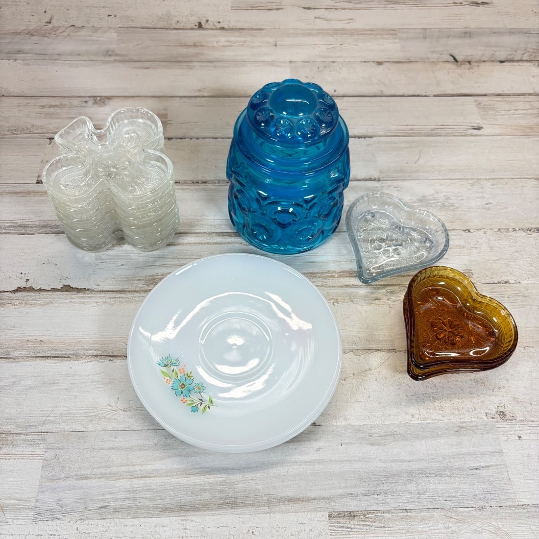 Vintage Glass Collection: Fire King Plate, Moonstone Jar, Heart Dishes, Clover Dishes (1 of 9)