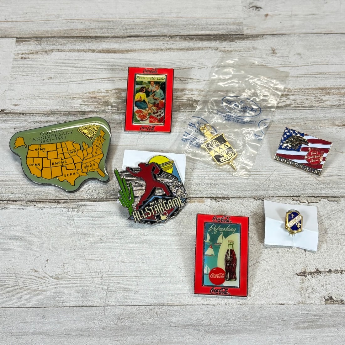 Collection of 7 Vintage Enamel Pins - Coca-Cola, MLB, AFMS, Salvation Army, Choir (1 of 7)