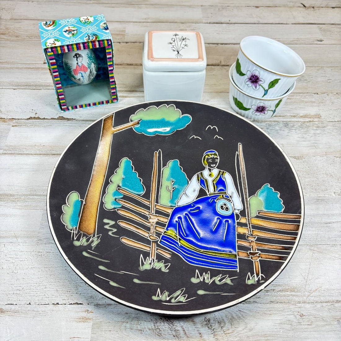 Vintage Vestfold Norway Folk Art Plate & Ceramic Trinket Box, Ramekins (1 of 9)