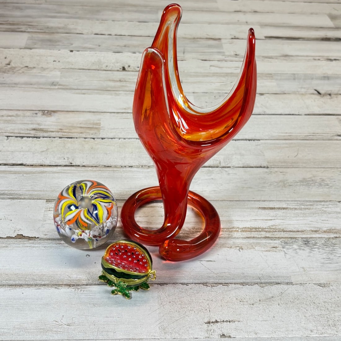 Glassblower Art Swirl Paperweight & Enameled Watermelon Trinket Box (1 of 9)