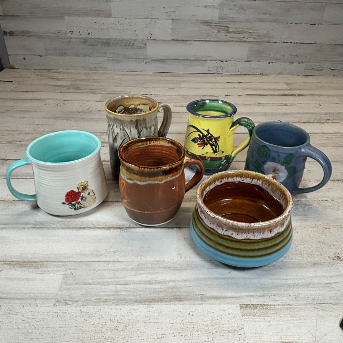 Lot of 6 Ceramic Mugs - Hand-Painted Designs & Glazes, Pottery (1 of 10)