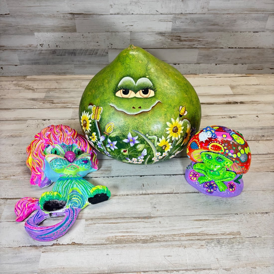 Hand-Painted Gourd "Frog & Flowers" + Whimsical Lion & Frog Figurine Group (1 of 6)