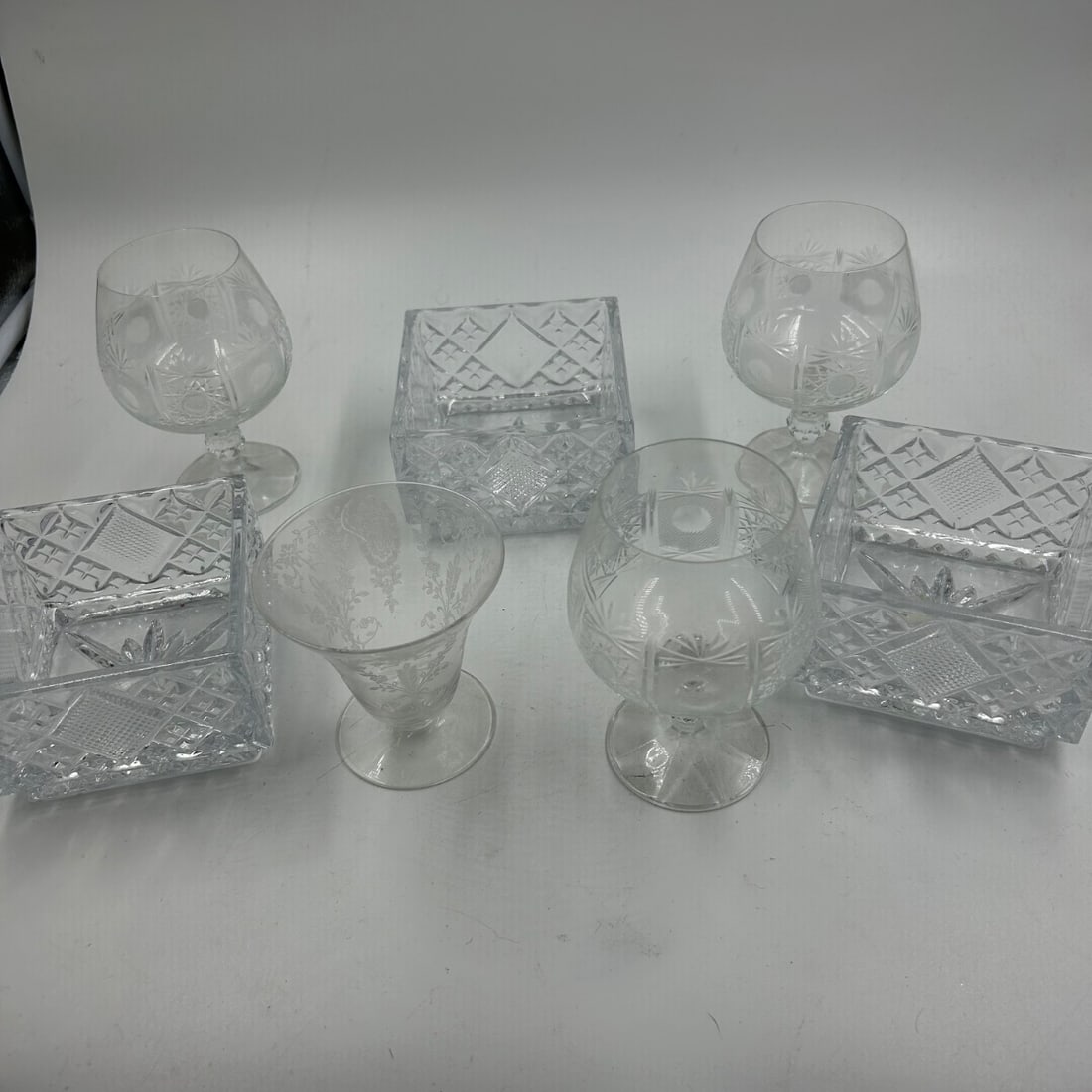 Crystal Glassware Set - 3 Brandy Snifters, 3 Square Bowls, 1 Trumpet Vase (1 of 7)