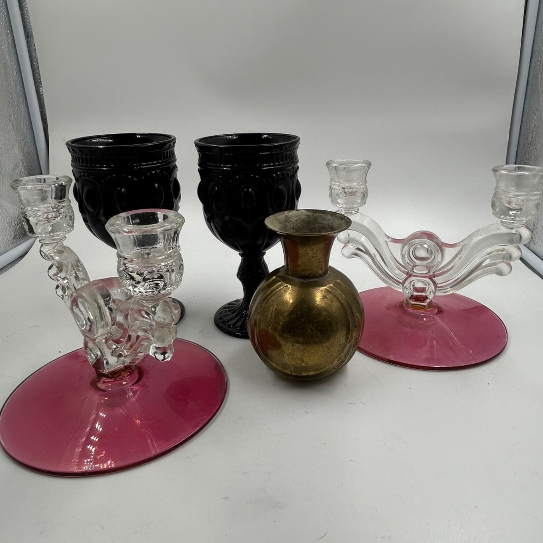Vintage Glassware Lot: Black Goblets, Pink Candlesticks, Brass Vase (1 of 6)