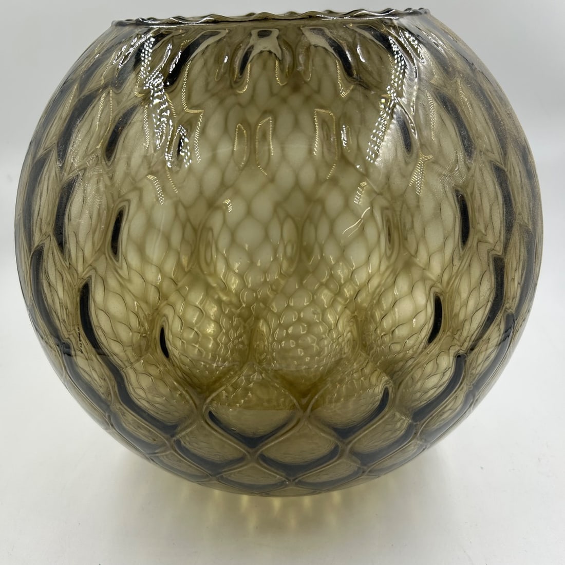 Vintage Blown Glass Vase Smoked Amber/Brown Lattice Pattern Art Glass Orb (1 of 6)