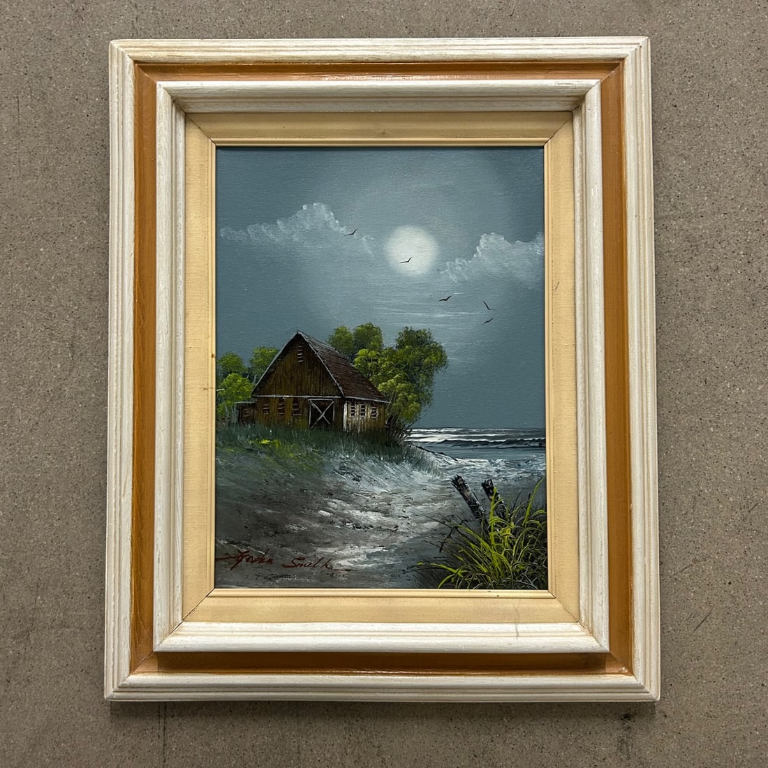 Original "Foggy Moonlit Barn by Sea" Oil Painting by J. Smith - Framed (1 of 8)