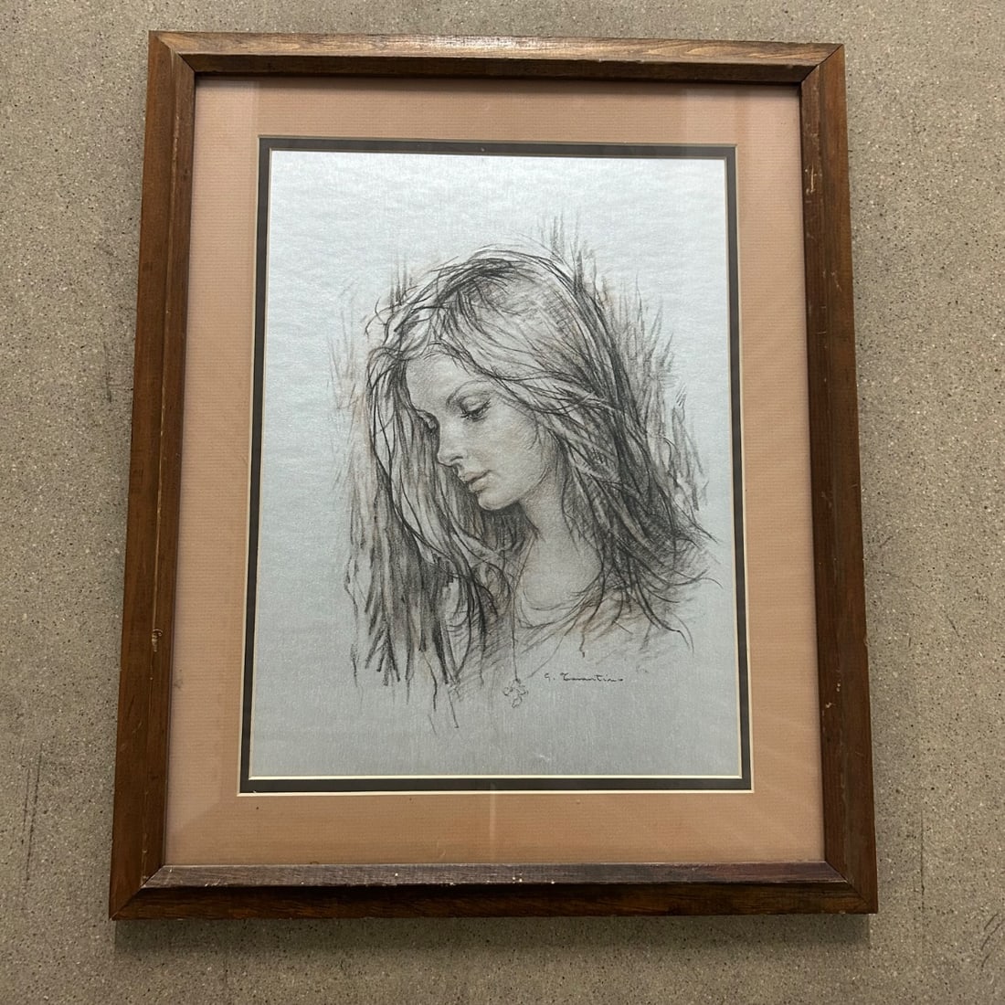G. Tarantino "Young Woman" Metal Etching Art Print Portrait, Vintage, Framed: This is a vintage framed art print featuring a charcoal-style etching of a young woman in profile, rendered with expressive lines. The artwork is signed in the lower right by the artist, G. Tarantino.