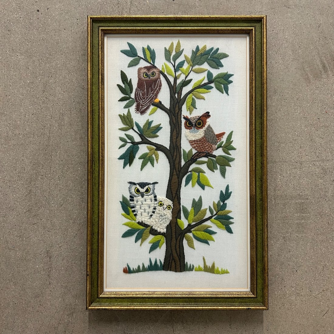 Vintage Embroidered Owl Family Tree Art Framed Textile Wall Hanging (1 of 9)