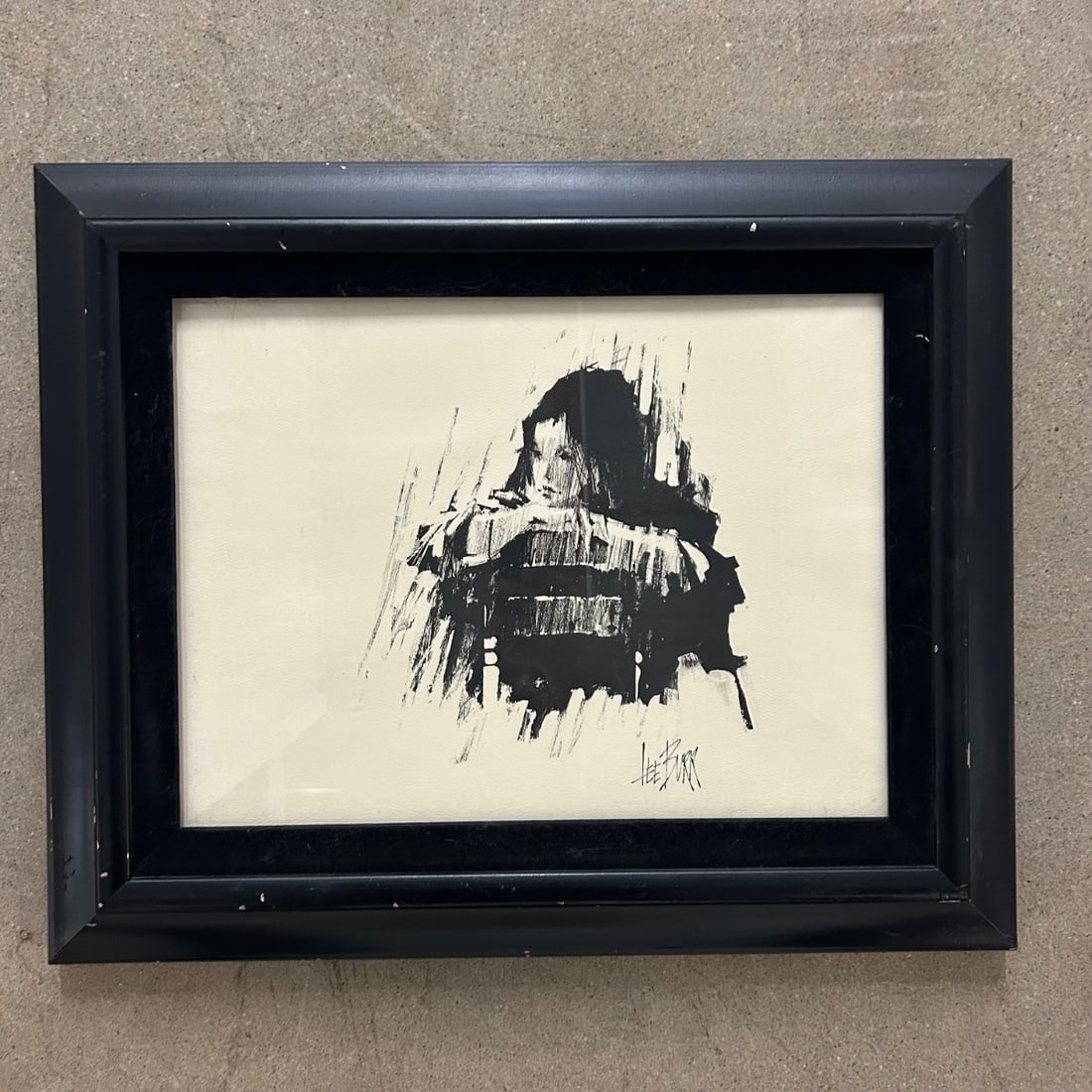 Lee Burr "Samurai" Charcoal & Ink Drawing Framed Mid-Century Modern Art: Striking mid-century modern charcoal and ink drawing by recognized artist Lee Burr, depicting a stylized figure, possibly a samurai. The bold, gestural strokes create a powerful and evocative image. T