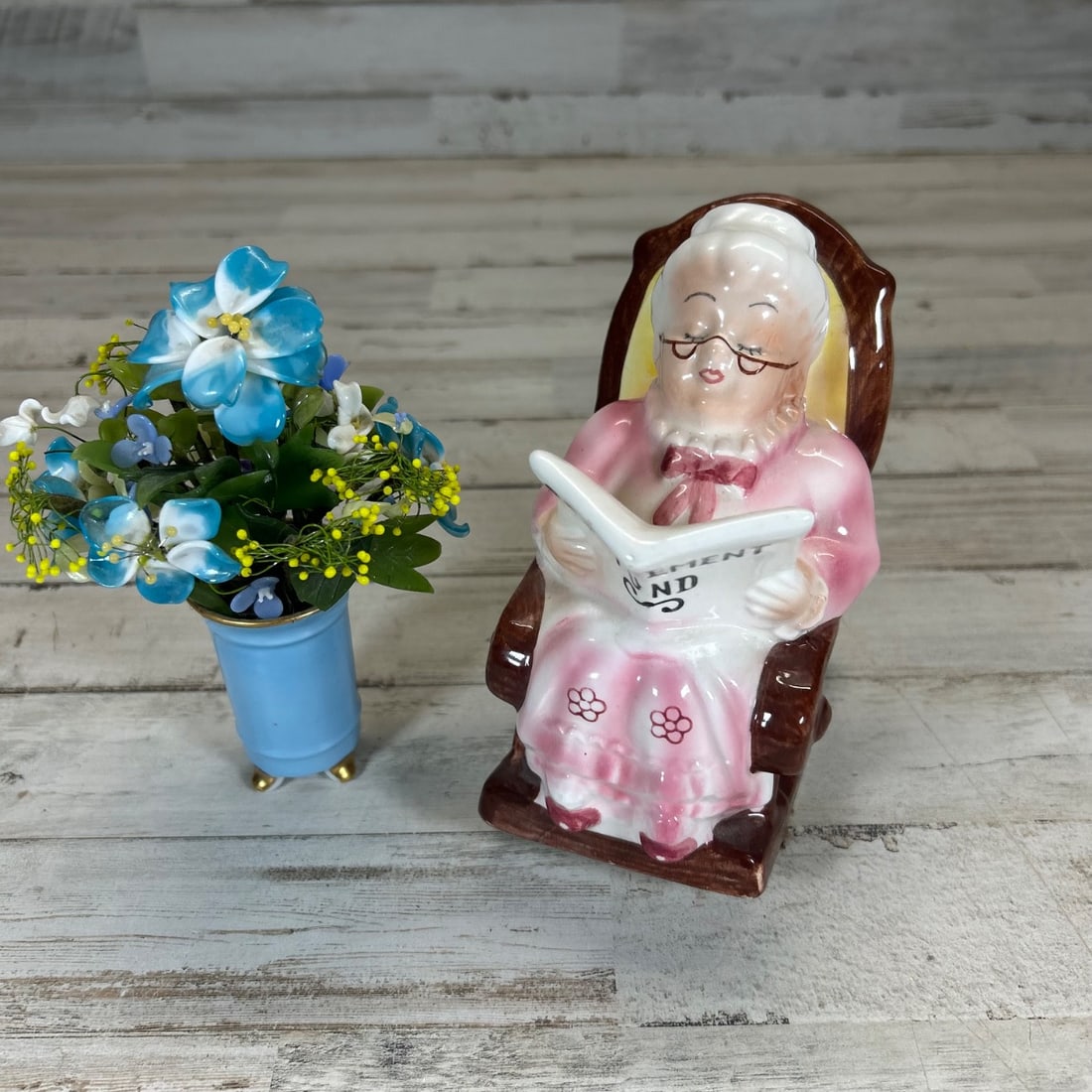 Vintage Ceramic "Retirement Fund" Grandma in Rocking Chair Figurine w/ Flowers (1 of 6)