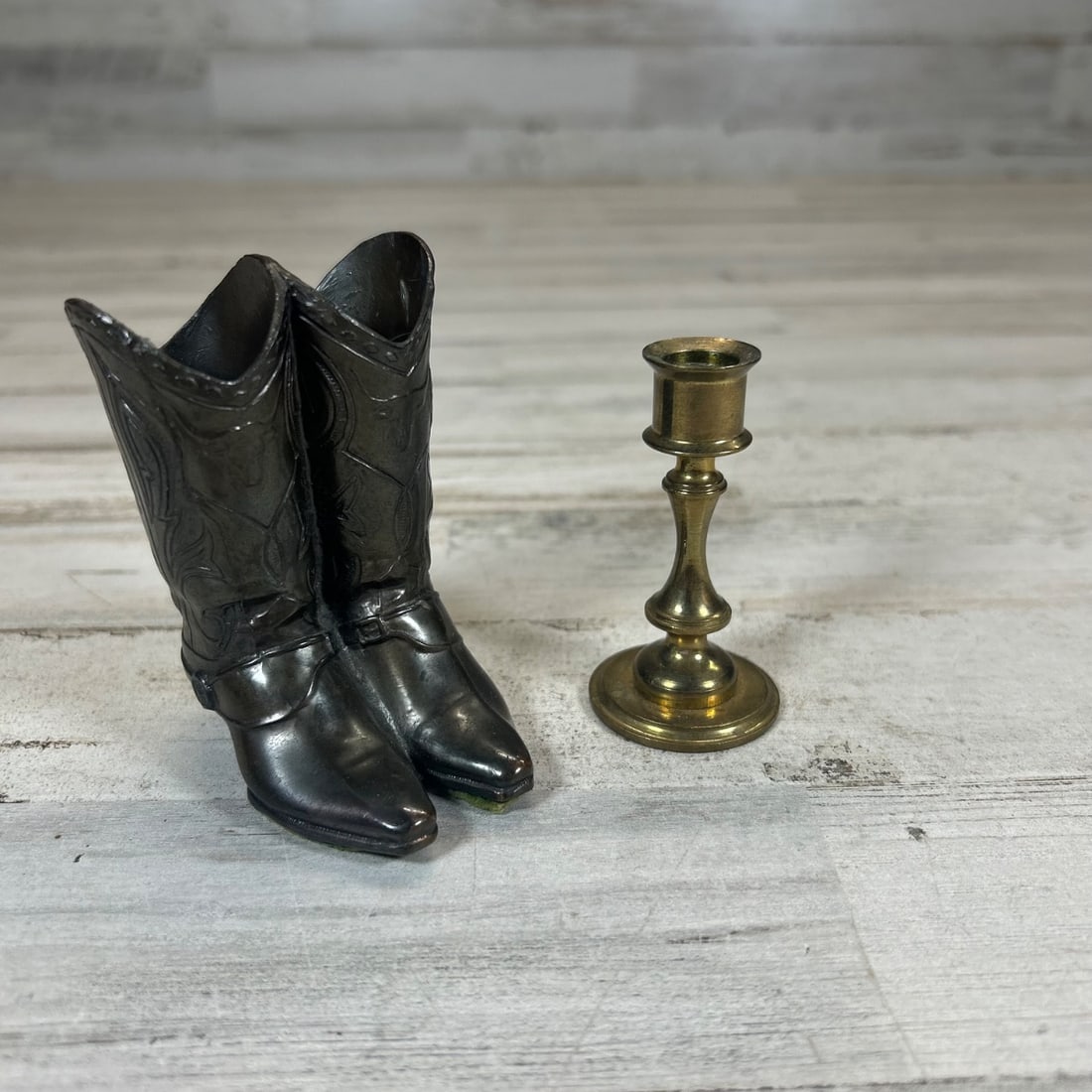 Vintage Metal Cowboy Boot Planter & Brass Candlestick Holder Denmark (1 of 6)