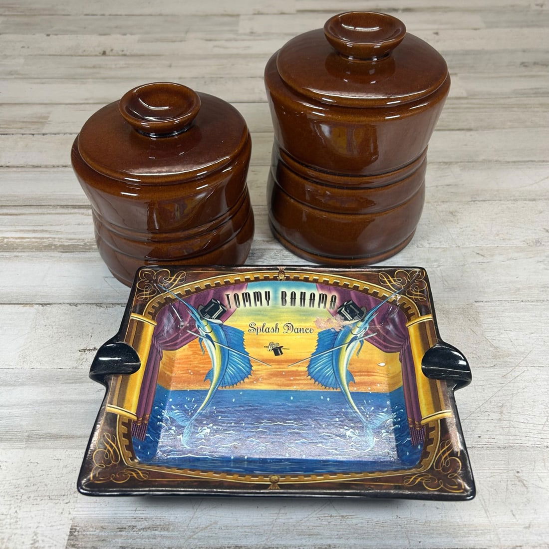 Tommy Bahama "Splash Dance" Ashtray & 2 Brown Ceramic Lidded Canisters (1 of 6)