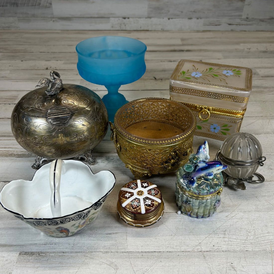 Assorted Vintage Trinket Boxes, Compote Dish, Silver Overlay Box, Glass Holder (1 of 9)