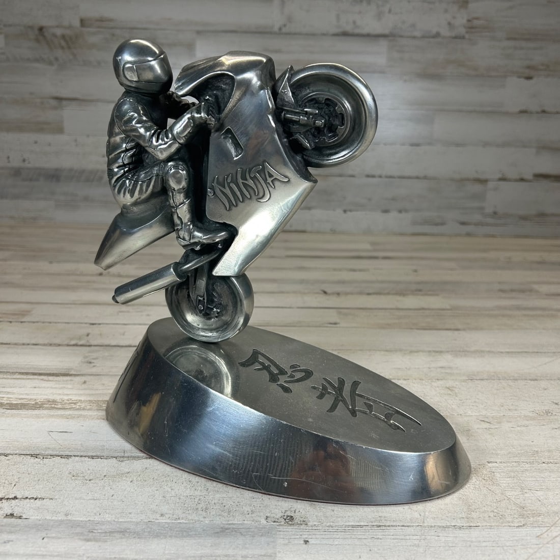 Compulsion Pewter Motorcycle Ninja Wheelie Figurine Sculpture 9.5" Tall Signed (1 of 7)