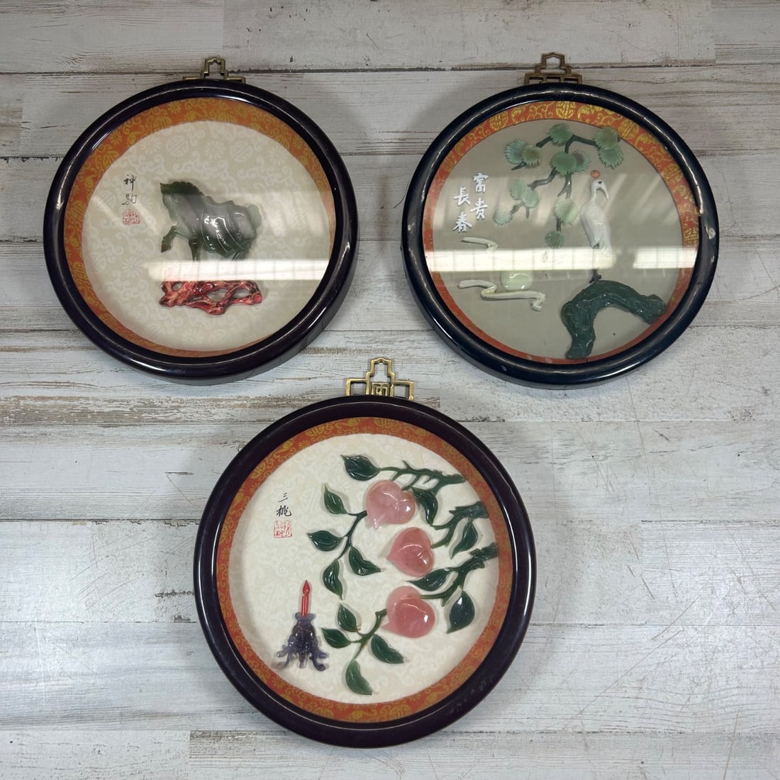 Set of 3 Vintage Asian Wall Plaques - Imitation Jade Horse, Peaches, Crane (1 of 8)