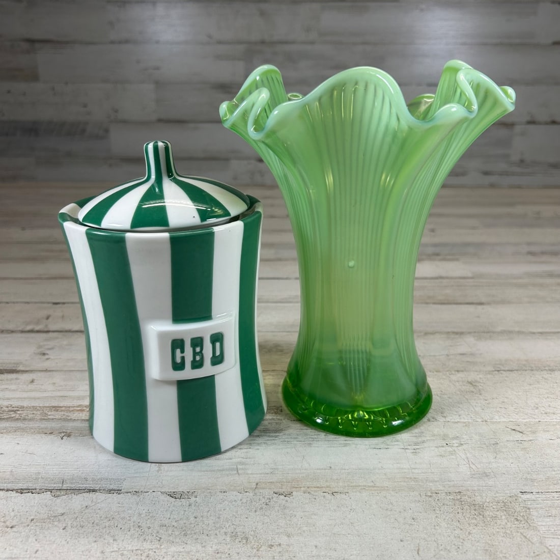 Jonathan Adler Ceramic "CBD" Canister & Green Art Glass Vase Set (1 of 6)