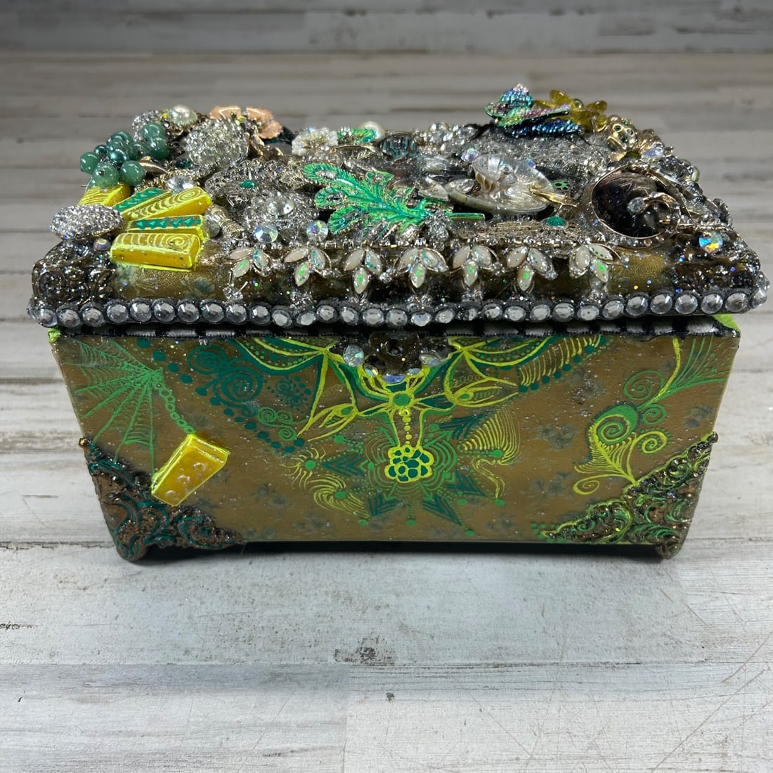 Steampunk Assemblage Art Jewelry Box Vintage Jewels Flowers Dragonflies Frogs Mixed Media: This unique assemblage art jewelry box is a whimsical creation overflowing with vintage treasures. Hand-decorated with intricate designs and adorned with an eclectic mix of costume jewelry pieces, but