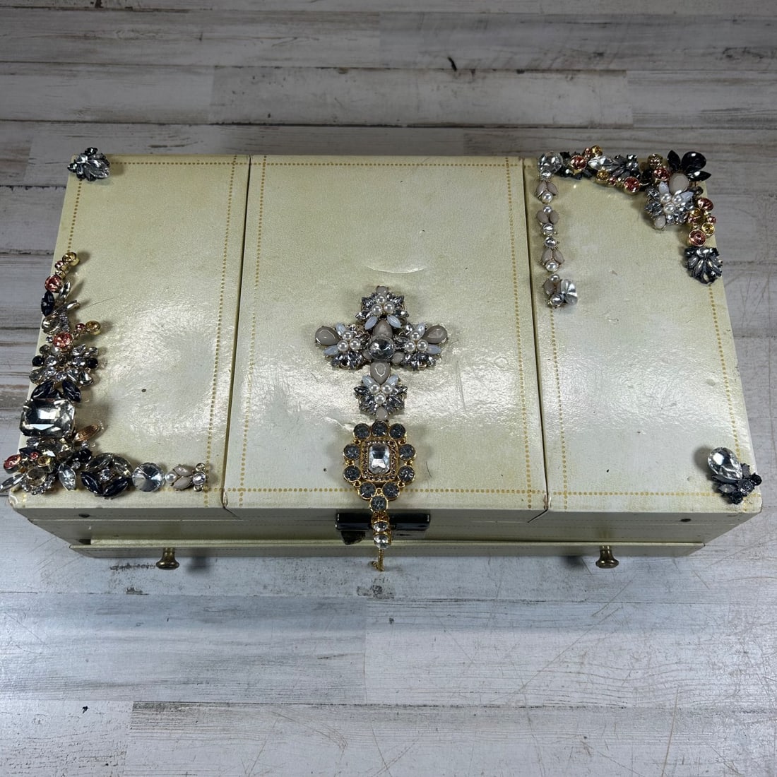 Vintage Rhinestone Decorated Jewelry Box Organizer - Cream w/ Red Velvet Interior (1 of 6)
