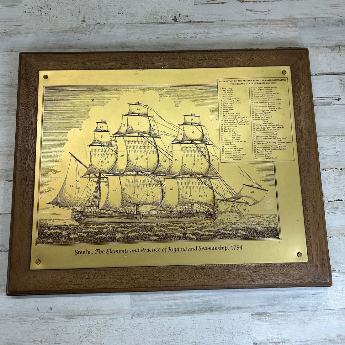 Steel's 1794 Rigging & Seamanship Engraving Art Historical Ship Plaque: This framed display features a detailed engraving titled "Steel's, The Elements and Practice of Rigging and Seamanship. 1794." The engraving depicts a historical square-rigged sailing ship with numero
