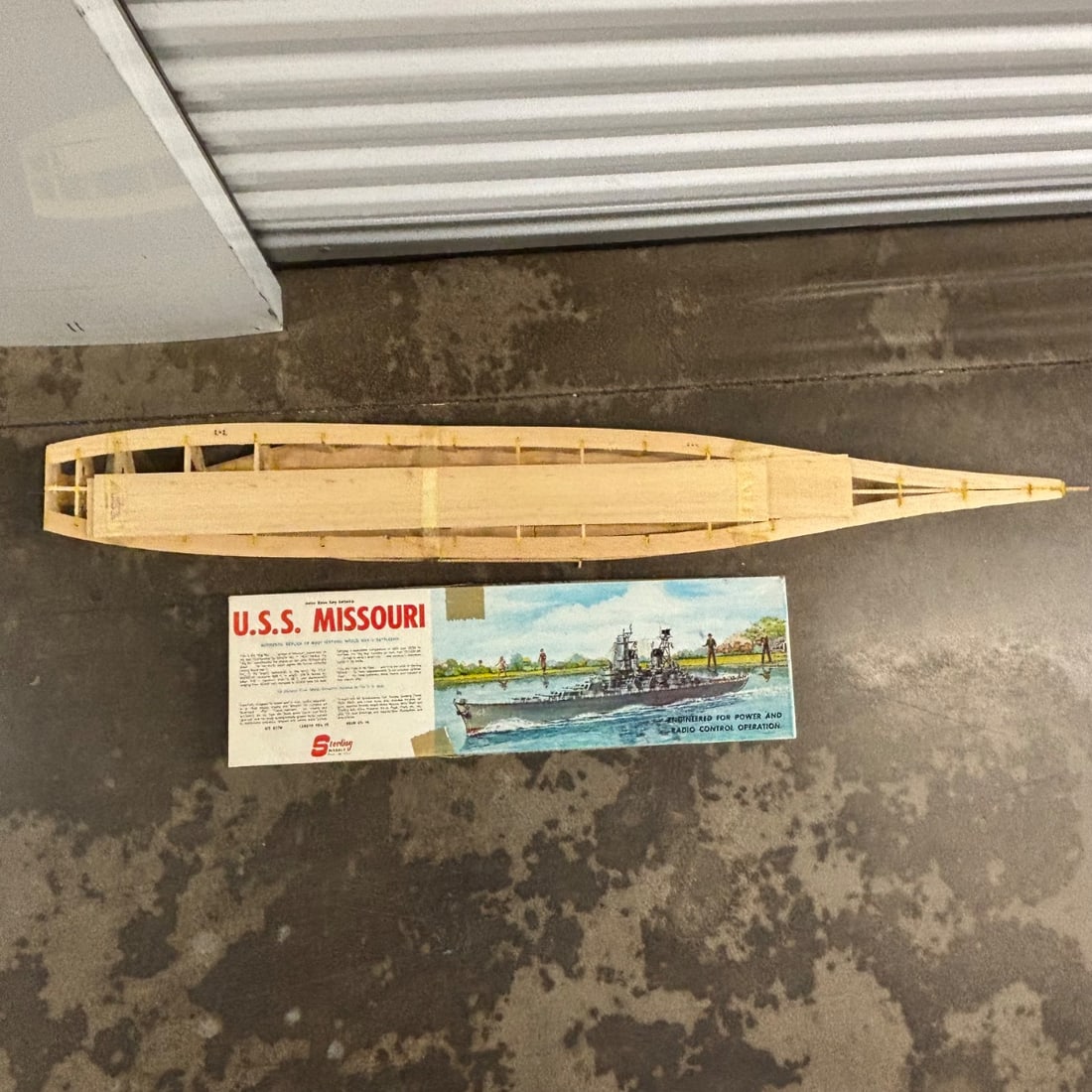 Sterling Models USS Missouri Battleship Model Kit B17M - Partially Assembled: This is a vintage Sterling Models U.S.S. Missouri Battleship model kit, kit number B17M. The box states it is an 'Authentic Replica of Most Historic World War II Battleship' and engineered for power a