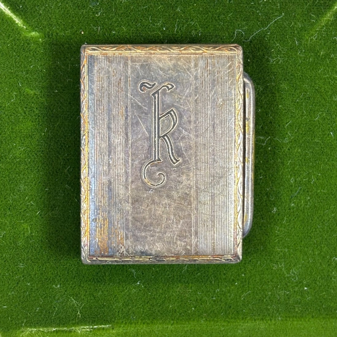 Hickok Sterling Silver "K" Monogram Belt Buckle Art Deco "Made in USA": This vintage Art Deco belt buckle features a prominent "K" monogram on its face, surrounded by finely etched linear details and a decorative border. The reverse is stamped "Hickok Made in USA" and als