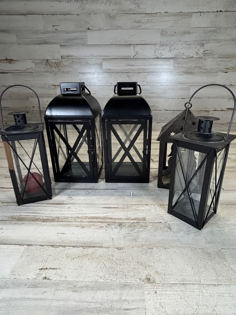 Set of 4 Black Metal Lanterns, 2 Tall Geometric, 1 Small with Handle, 1 Angel Motif (1 of 7)