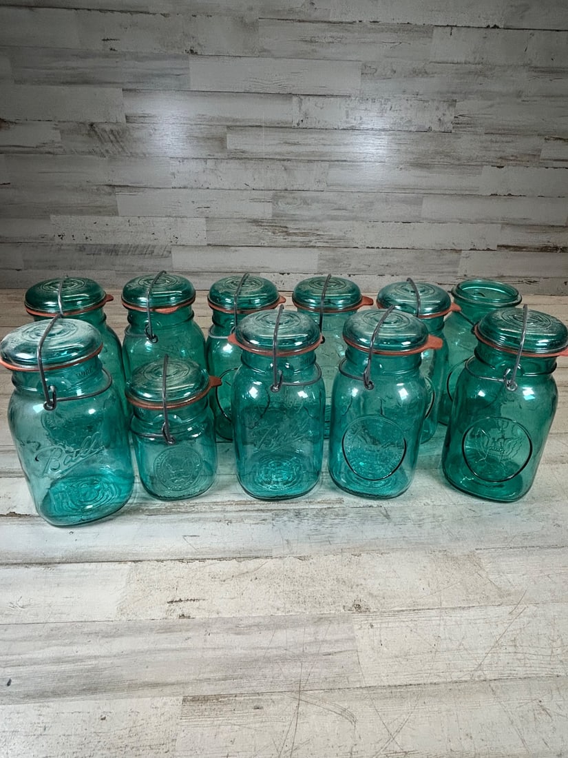 Antique Aqua Glass Lightning Mason Jar Lot Ball Enterprise Ideal Blue "Ideal" Mark (1 of 10)