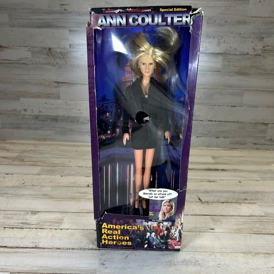 Talking Presidents Ann Coulter "America's Real Action Heroes" Collectible Doll: This is a special edition "America's Real Action Heroes" collectible doll featuring political commentator and author Ann Coulter. The doll is presented in its original, unopened packaging, which inclu
