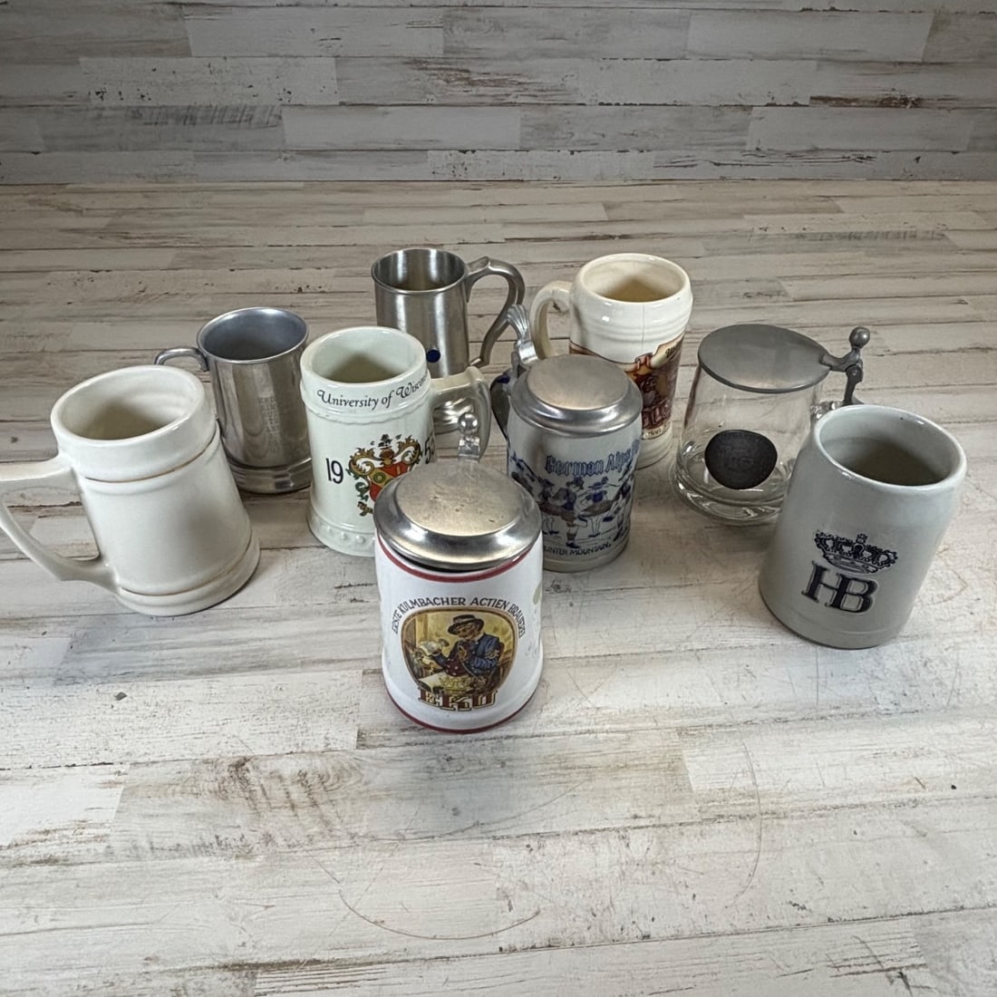 Lot of 9 Vintage Beer Mugs/Steins - Ceramic, Pewter, Glass, Collectible German/University Themed (1 of 11)