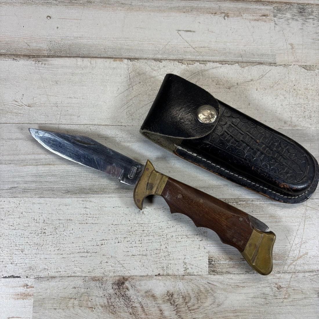 Vintage Folding Hunting Knife "Stainless Pakistan" Blade Brass & Wood Handle w/ Sheath (1 of 12)