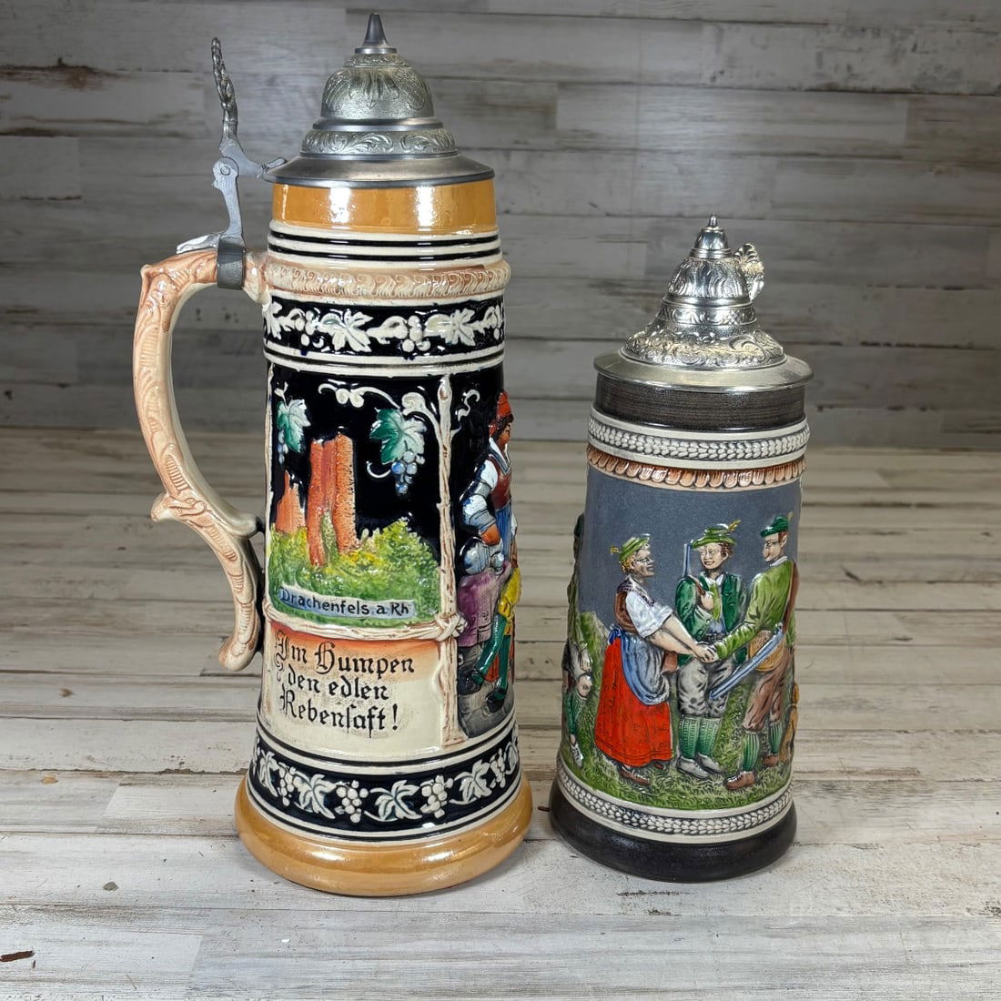 Vintage West Germany Ceramic Beer Mugs Lot of 2, Ornate Pewter Lids, German Motifs (1 of 12)