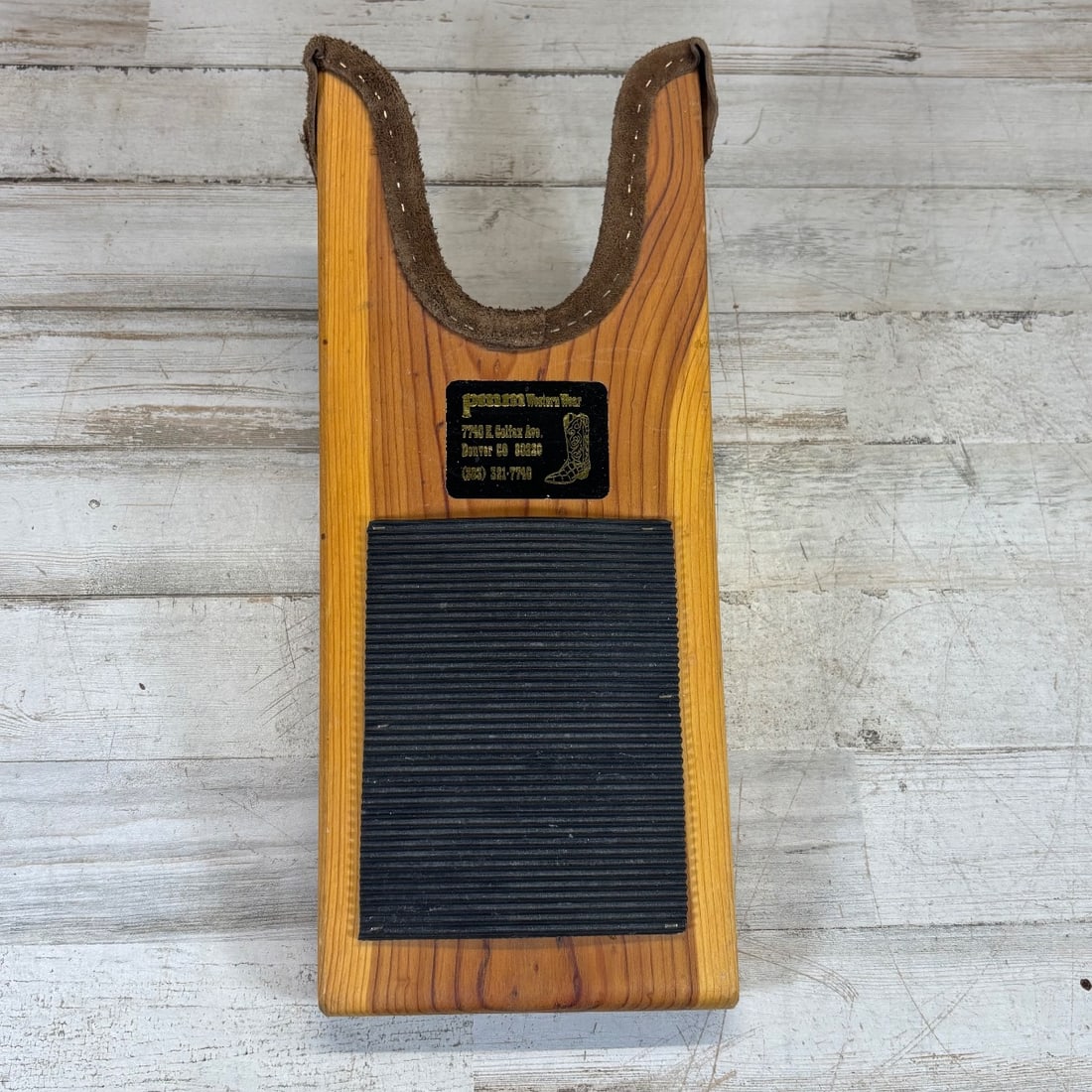 Vintage Wooden Boot Jack Puller Southwestern Rustic Western Wear Decor: This vintage boot jack is crafted from solid wood, featuring a rustic Southwestern aesthetic. The U-shaped opening is lined with brown suede for comfort and protection, with visible stitching. A black