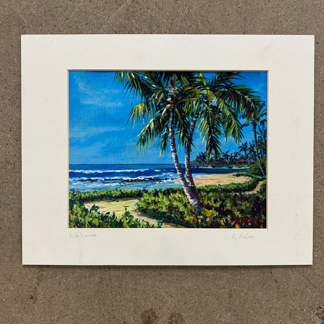 Robin McCoy Hawaiian Beach Acrylic Painting "Kiahuna" Landscape Art Print: Vibrant acrylic painting by Robin McCoy depicting a scenic Hawaiian beach landscape titled "Kiahuna." The artwork features lush palm trees, turquoise ocean waves, and a sandy shore, capturing the esse