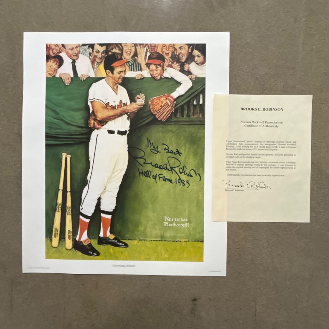 Norman Rockwell Brooks Robinson Signed Baseball Hall of Fame 1983 Art Print COA: This is a signed reproduction print by Norman Rockwell featuring baseball legend Brooks Robinson. The print is autographed by Robinson himself, with the inscription "My Best Brooks Robinson Hall of Fa
