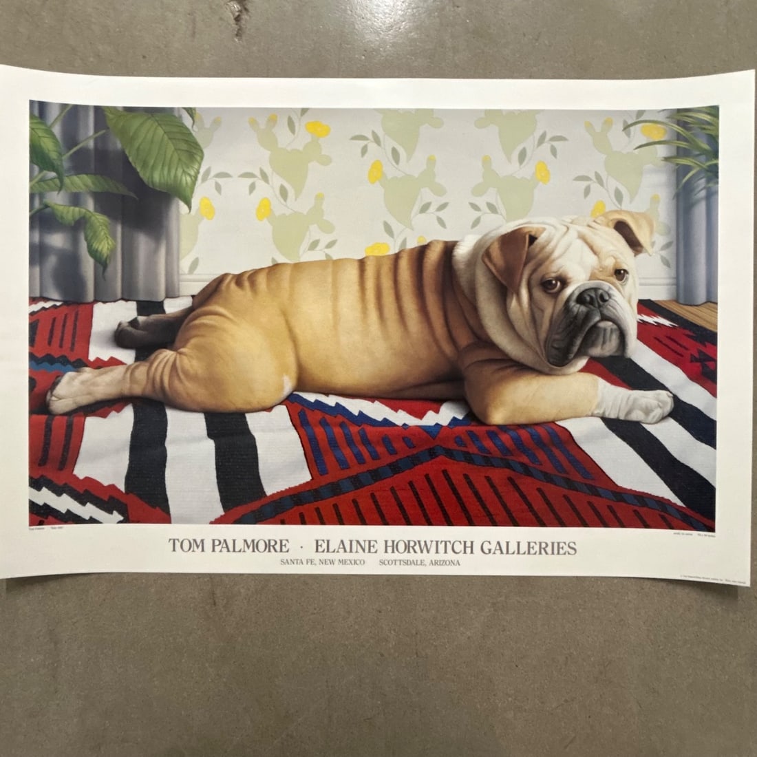 Tom Palmore "Baby Billy" Bulldog Print Signed Elaine Horwitch Galleries: This is a print of Tom Palmore's famous painting "Baby Billy," depicting a quintessential bulldog lounging on a vibrantly patterned rug. The artwork is presented with the branding of Elaine Horwitch G