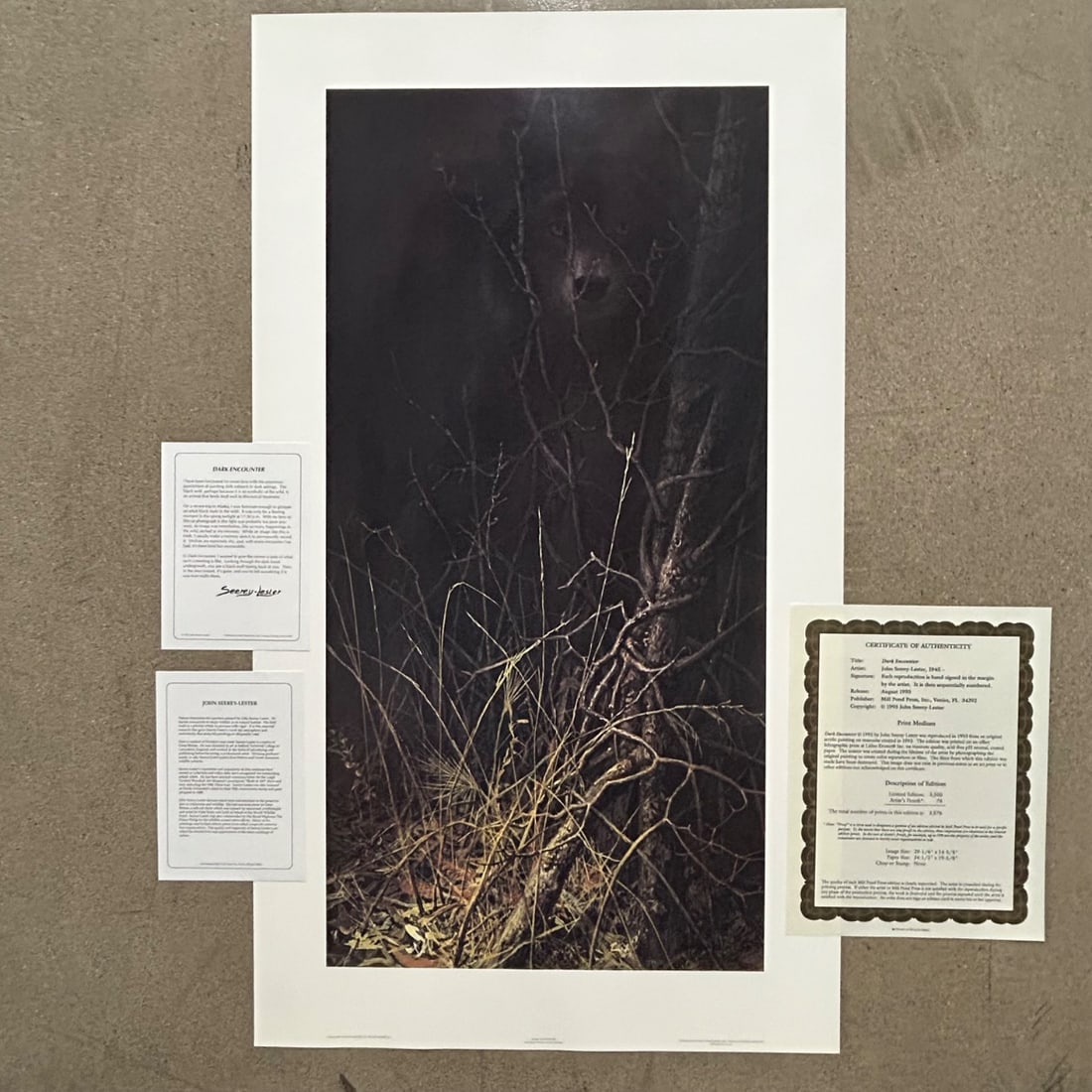 John Seerey-Lester "Dark Encounter" Wolf Print Ltd Ed 2115/3500 w/ COA: This is a limited edition print titled "Dark Encounter" by renowned wildlife artist John Seerey-Lester, released in August 1993 by Mill Pond Press. The artwork depicts a wolf partially hidden within d