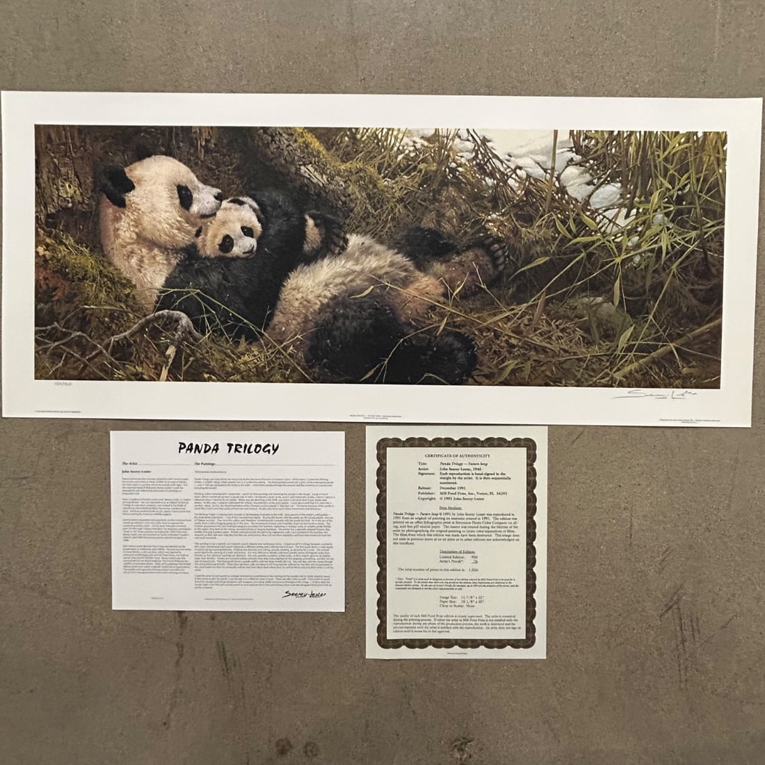 John Seerey-Lester Panda Trilogy "Future Song" Limited Edition Print 150/950: This is a limited edition offset lithographic print titled "Future Song" from the Panda Trilogy series by renowned wildlife artist John Seerey-Lester. Published in 1991 by Mill Pond Press, this print