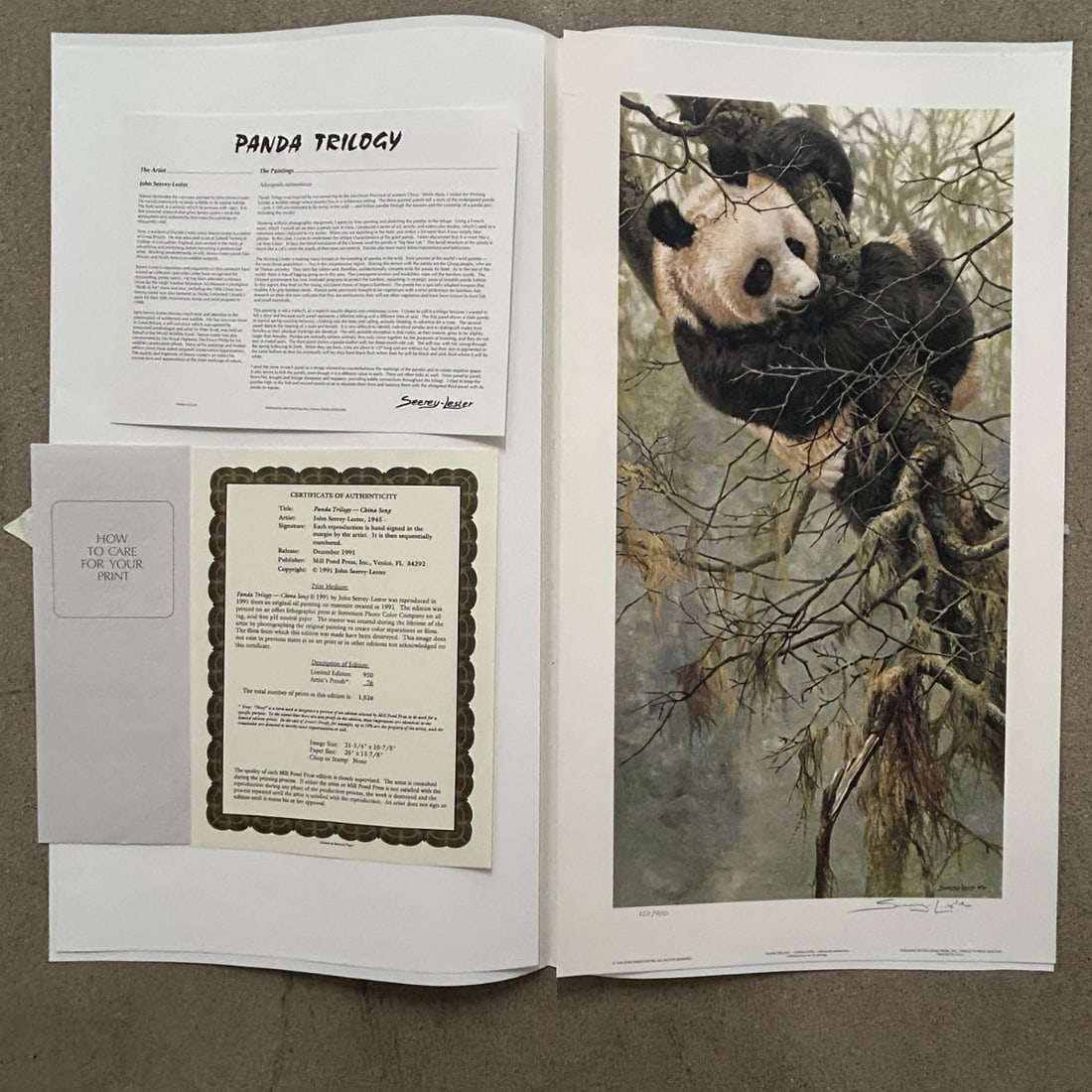 John Seerey-Lester Panda Trilogy "China Song" Ltd Ed Print 150/950 COA: Limited edition offset lithographic print titled "Panda Trilogy - China Song" by renowned wildlife artist John Seerey-Lester. This piece, published in December 1991 by Mill Pond Press, is from an edit