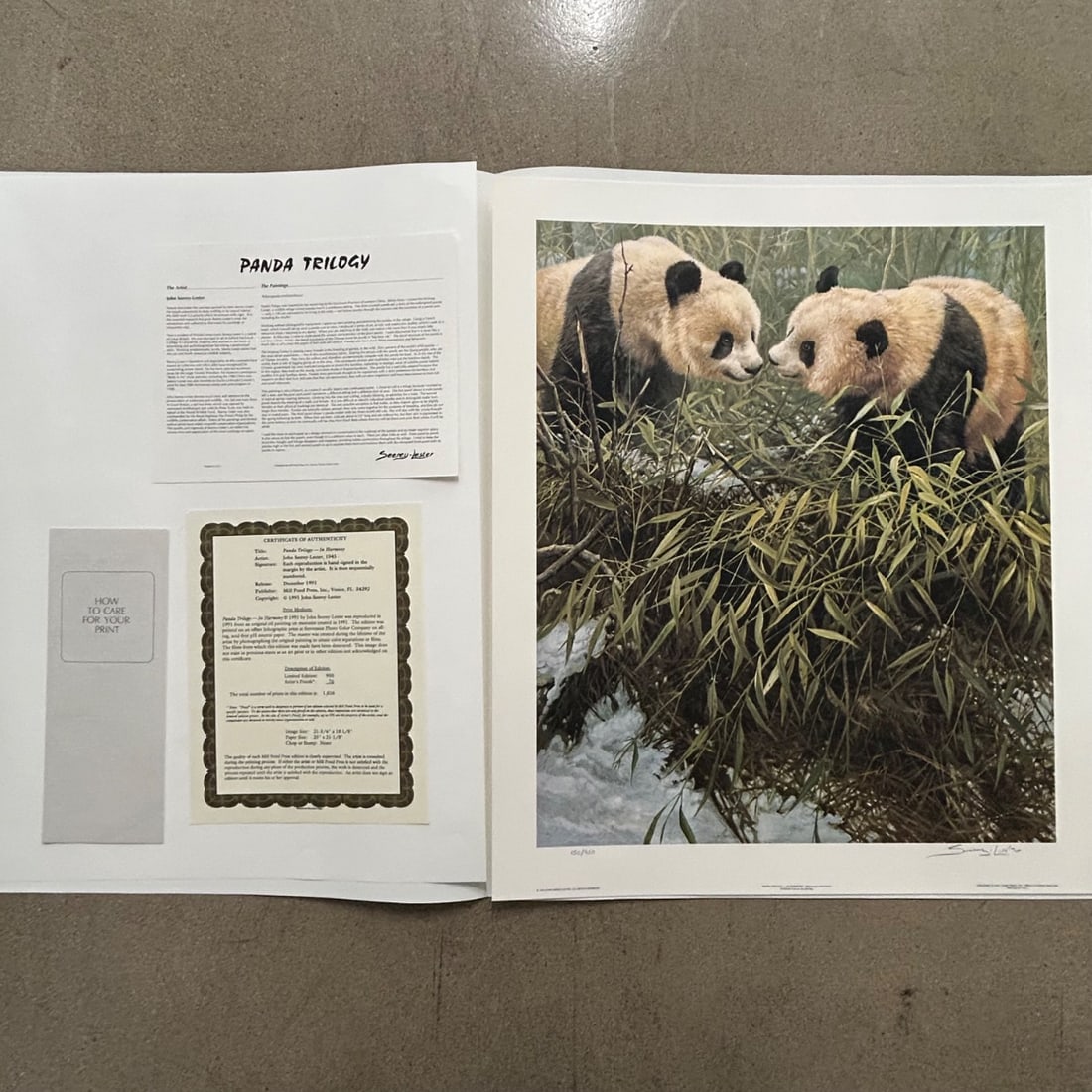 John Seerey-Lester Panda Trilogy "In Harmony" Limited Edition Print # 150/950: This is a limited edition lithographic print titled "Panda Trilogy - In Harmony" by renowned wildlife artist John Seerey-Lester. The artwork depicts two giant pandas curiously interacting amongst bamb
