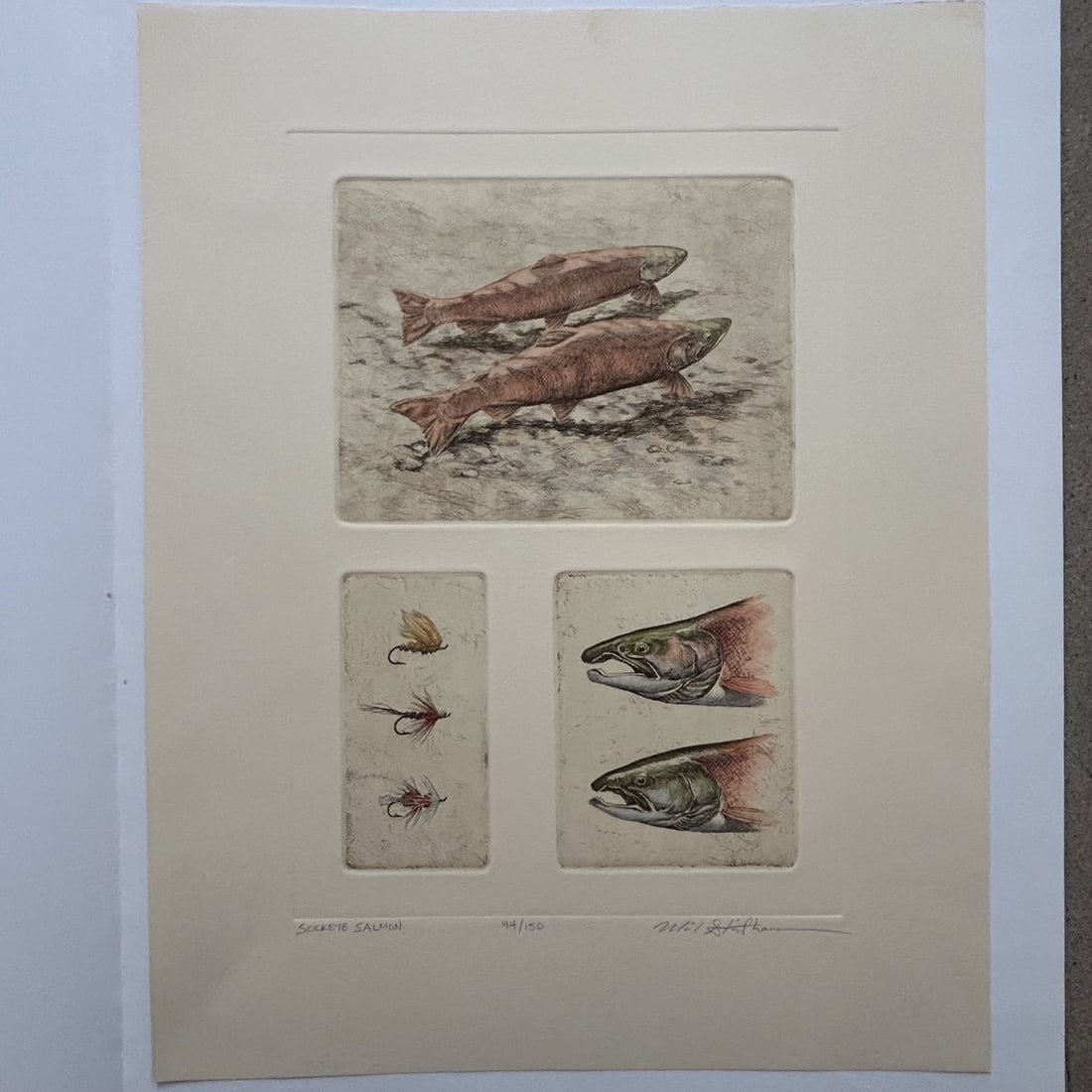 Mike Stidham Signed "Sockeye Salmon" Etching Print, #94/150, Fly Fishing Art: This is a limited edition etching print titled "Sockeye Salmon" by artist Mike Stidham. The artwork is number 94 out of an edition of 150. It features a detailed depiction of two sockeye salmon swimmi