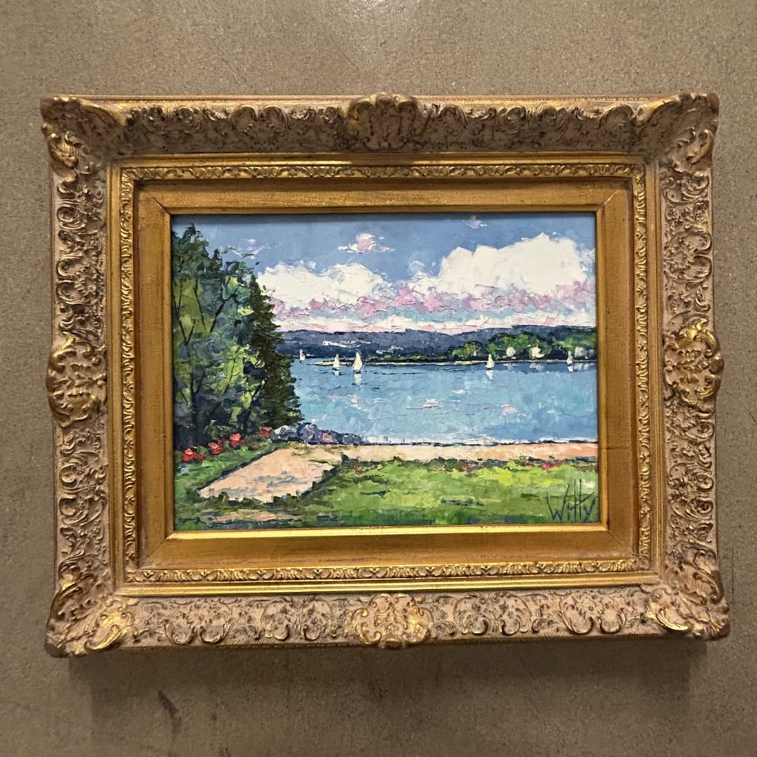 Impressionist Oil Painting Lakeside Sailboats Signed Witty Landscape Art: A vibrant Impressionist oil on canvas painting depicting a picturesque lakeside scene with sailboats under a dynamic sky. The impasto technique creates a rich texture of brushstrokes, especially in th