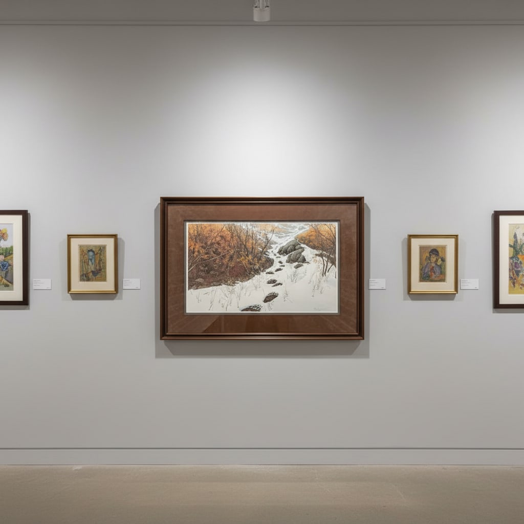 Bev Doolittle "Doubled Back" Limited Edition Print 7517/5000 with COA: This is a limited edition print titled "Doubled Back" by renowned Canadian artist Bev Doolittle. The print features bear tracks in the snow leading up a rocky incline, with a grizzly bear subtly hidde