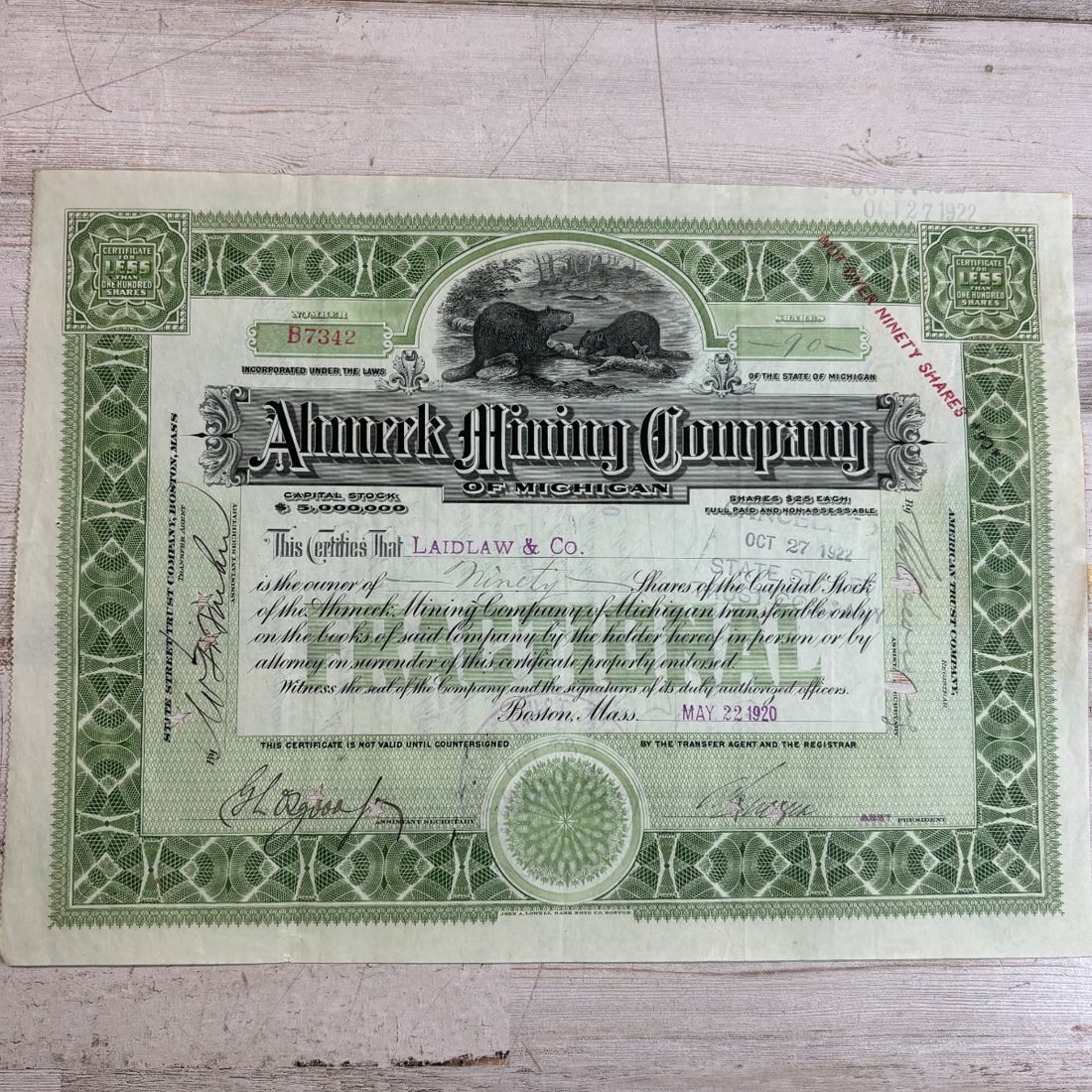 Almeek Mining Company of Michigan Stock Certificate #B7342 90 Shares Laidlaw & Co. 1920: This is a historic stock certificate from the Almeek Mining Company of Michigan, dated October 27, 1922, though it also bears a date of May 22, 1920, possibly related to an earlier transfer. It certif