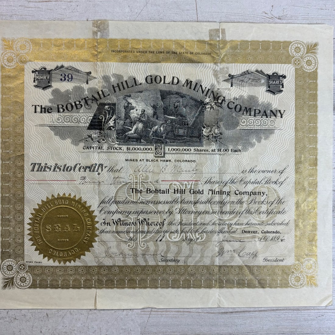 Bobtail Hill Gold Mining Company Stock Certificate Colorado 1889 (1 of 9)
