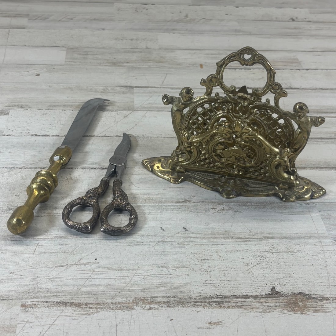 Ornate Gilt Brass Letter Holder w/ Cherubs & Italian Vintage Scissors Set (1 of 14)