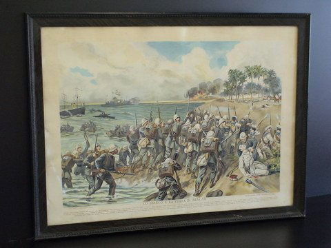 LO SBARCO E LA PRESA DI BENGASI, C. CORTI: LO SBARCO E LA PRESA DI BENGASI, C. CORTI, dipinse, V. MALINVERNO, oleografo, diritti riservati, Antonio Vallardi, editore, Milano, Genova, Roma, Napoli, men in battle, (28 settembre 1911), 24x32