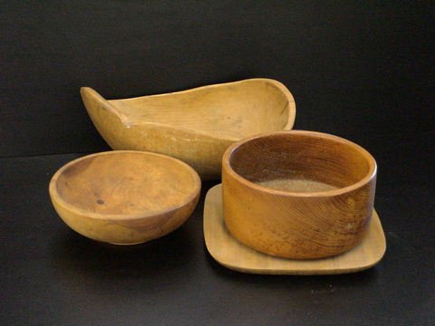 Set of 4: Vintage wooden bowls: Set of 4: Vintage wooden bowls, 1) round 10" diameter, 4" high, 2) square shallow plate, 12x12, 3) round 10" diameter, 5" high, and 4) odd rectangular shape, 15x8x5